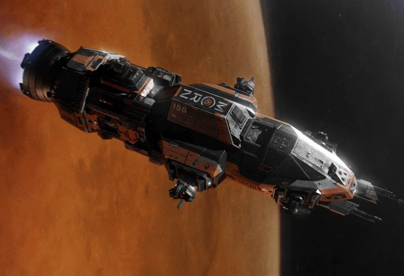 Lutra_Gaming's tweet photo. The Corvette-class light frigate[1] is a class operated by the Martian Congressional Republic Navy (MCRN).

The most widely known ship of this class was originally called the MCRN Tachi and was carried in the main hangar bay of the MCRN Donnager. Later, after surviving the attack on the Donnager, this same ship was renamed Rocinante by her new captain, James Holden.

Owner/Navy
 Martian Congressional Republic NavyRocicorp (Rocinante only)Type  Light Frigate ECF

Specifications
Length
46 meters Propulsion
1✕ Epstein Drive

Armament
6✕ Nariman Dynamics 40mm Point Defense Cannons
2✕ Missile launchers (Each carrying 10 missiles, in total 20)
4✕ Drones

Crew
18 (up to 30 for mission requirements)
TV series