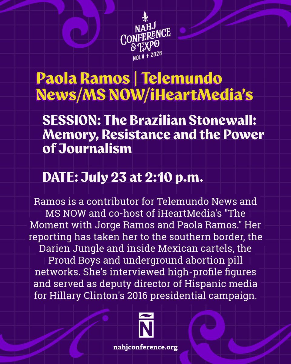 NAHJ's tweet photo. 🎉 Join us in welcoming our #NAHJ2026 Conference panelist Paola Ramos, a contributor for Telemundo and MS NOW and co-host of iHeartMedia. 🎙️
She'll discuss "Nuestro Periodismo Bajo Ataque," sponsored by EL PAÍS US.
Attend this July — register now! 🗓️✅
🔗 https://t.co/wCi85REmui https://t.co/Imowg17TmK