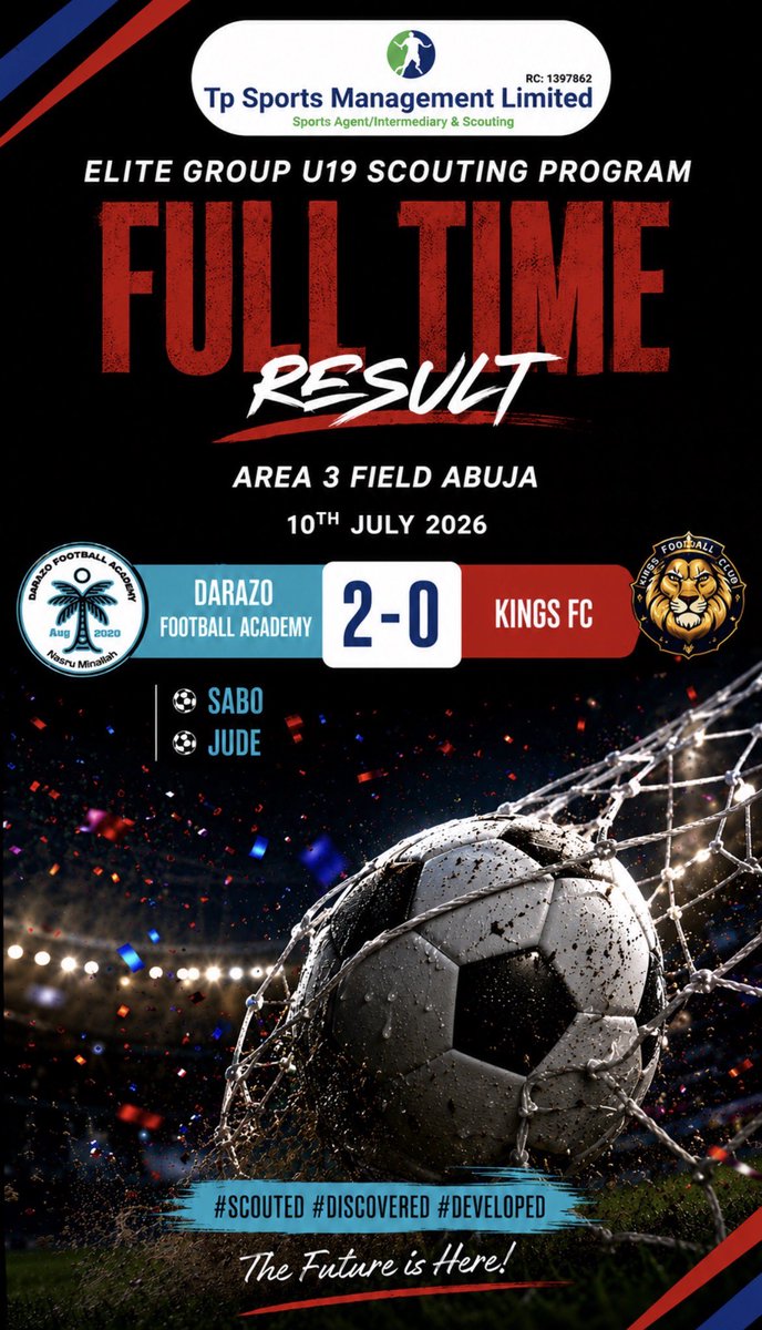DarazoAcademy's tweet photo. FULL-TIME. Job Done.💙🤍

A commanding performance from the boys as Darazo Football Academy secures a 2-0 victory over kings FC in the Elite Group U19 Scouting Program.
 
Goal ⚽️
.Sabo
.Jude

Another solid display of teamwork, discipline, and determination. https://t.co/MrlfGLT3Io