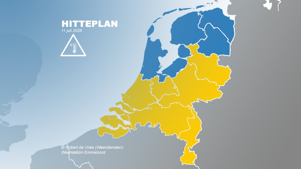 weermanrobert's tweet photo. Vanaf morgen geldt het #hitteplan en #codegeel voor het midden en zuiden van het land. Vooral in deze gebieden wordt het tropisch warm. De aanhoudende hitte kan met name voor ouderen en mensen met een kwetsbare gezondheid gevaarlijk zijn. https://t.co/Tf3VxMAsRs