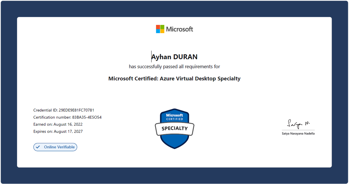 ayndrn's tweet photo. Verified Certificate from Microsoft (Renewal) #Microsoft #MicrosoftTürkiye #MicrosoftAzure @Microsoft @MicrosoftTR @Azure https://t.co/kh3mcbkpYj