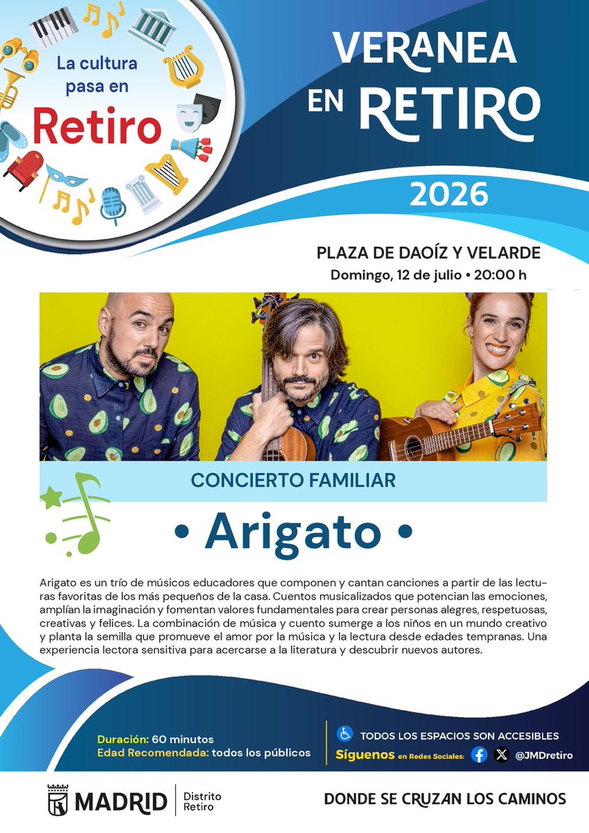 JMDretiro's tweet photo. 🎶 Propuestas musicales para este domingo:

🔝 Concierto Primavera/Verano 8
12:00 horas Templete del Retiro bajo la batuta del director invitado, Saül Gómez.

🔝Arigato (cuentos musicalizados)
20:00 horas en plaza de Daoiz y Velarde 

Más información en linktree en bio 🔗 https://t.co/QVvYhgnlHt