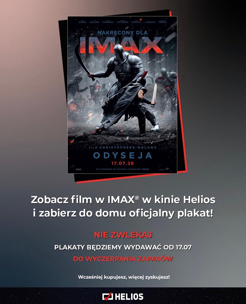 kinometrics's tweet photo. Kina Helios i Cinema City będą rozdawać dedykowane plakaty do biletów na film ODYSEJA w IMAX🍿

Od 17 lipca do wyczerpania zapasów

#Helios #CinemaCity #Odyssey https://t.co/00CR7SRdXJ
