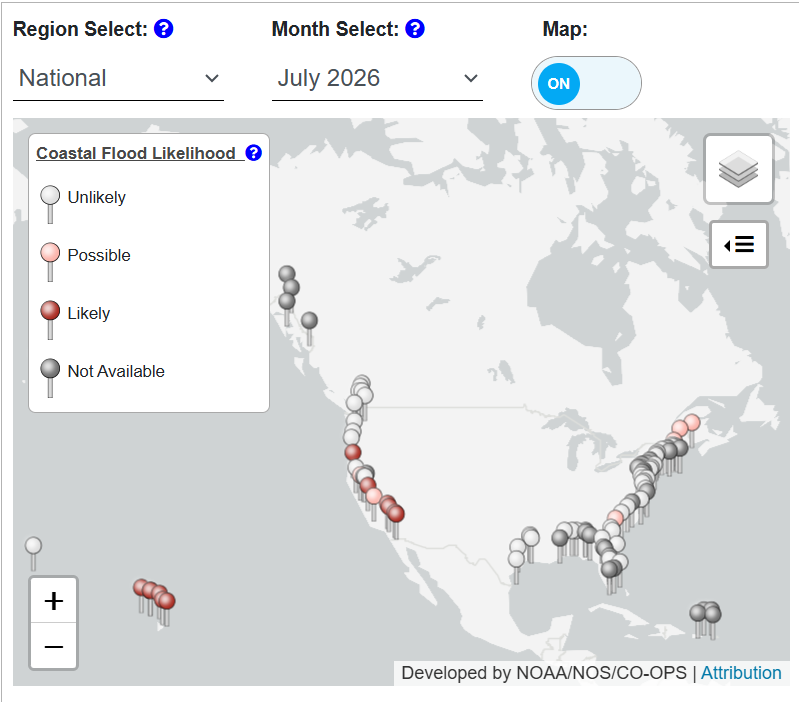 noaaocean's tweet photo. Many locations will experience higher than normal tides on and around the new moon on the 14th. See the daily likelihood of high tide flooding in your area: https://t.co/Uy38uUy5mi https://t.co/Etsj1tdkA4
