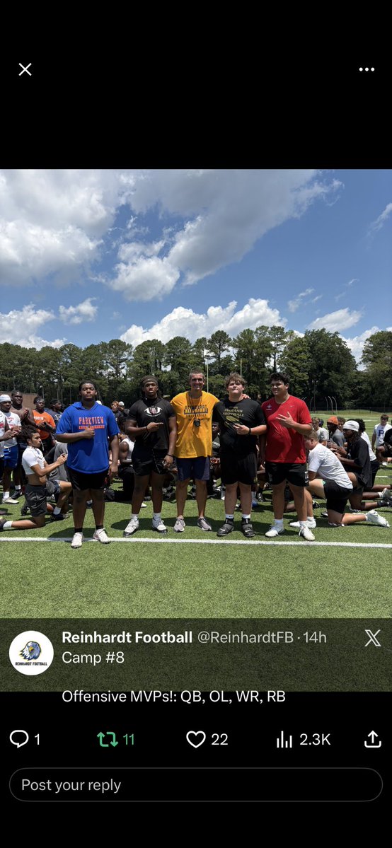 justinbraswell_'s tweet photo. Blessed to be noticed as a camp MVP at Reinhardt football camp.@1CoachDeo @CoachDeMeio1 @UGHSFootball @RecruitGeorgia @Coach_JMiller76 @ReinhardtFB @robarmstrong41 https://t.co/s6AC4mAnG0