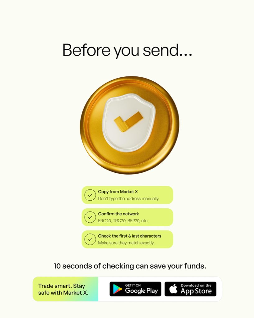 OfficialMarketX's tweet photo. Copy. Check. Confirm.
A few seconds of verification can save you from costly mistakes.

#Marketx #FutureOfFinance https://t.co/16cmyHYJpO