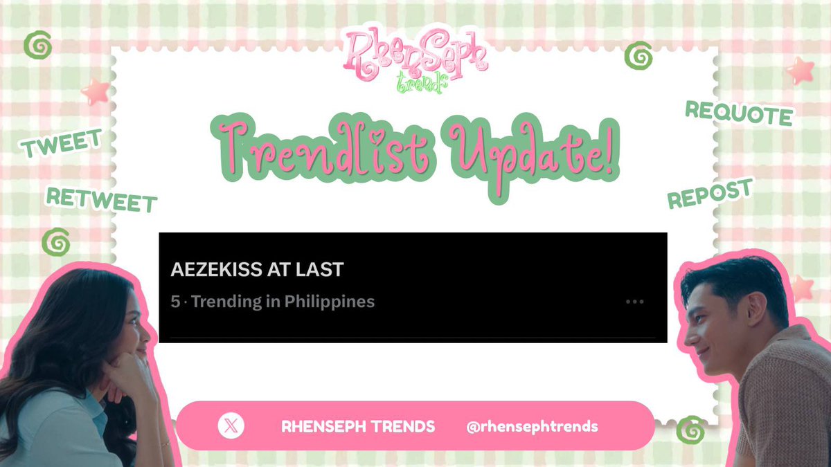 RhenSephTrends's tweet photo. Top five!

we’re going up up up~ ay kumanta siya. Let’s keep on tweeting and dropping fresh tweets, Dearest!

AEZEKISS AT LAST https://t.co/pjgZxb0iLz