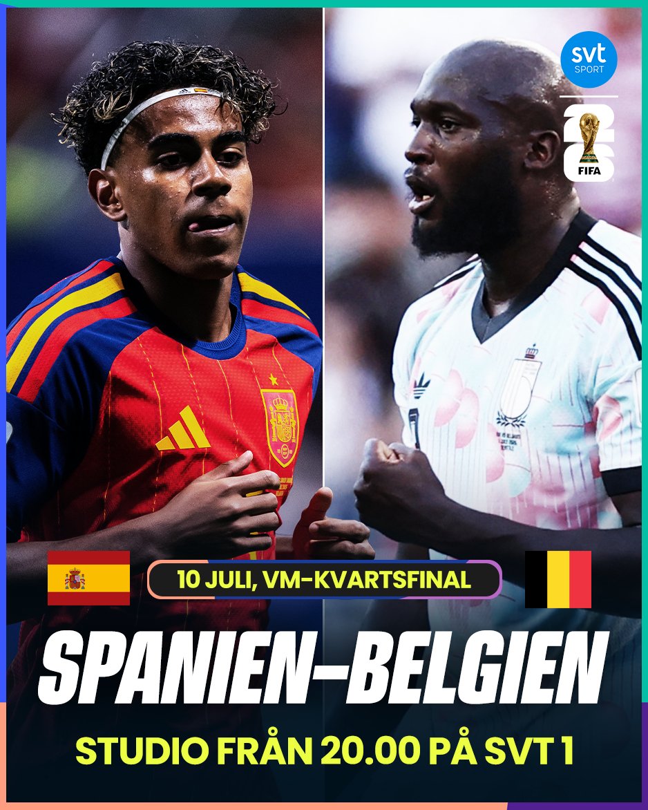 SVTSport's tweet photo. Hur går det i kväll? 🤔🔥
Se VM-kvartsfinalen mellan Spanien och Belgien på SVT 1 i kväll. Matchstart 21.00, studio från klockan 20 📺 #fotboll #fotbollsvm2026 #spanien #belgien #svt #svtsport #svtplay
🔹
Läs allt om fotbolls-VM här: https://t.co/3UFhljkce5 https://t.co/8HqYmWqqMi