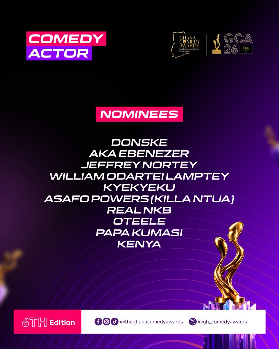gh_comedyawards's tweet photo. And the Nominees Are.....🏅🎭🇬🇭

2nd Batch of Nominees for the 2026  of the Ghana Comedy Awards are as follows;

Comic Radio Program of the Year
Comic TV Program of the Year
Comic Writer of the Year
Comedy Actor of the Year
Comedy Actress of the Year

#GCA2026
#GhanaComedyAwards https://t.co/xR836zrWpS