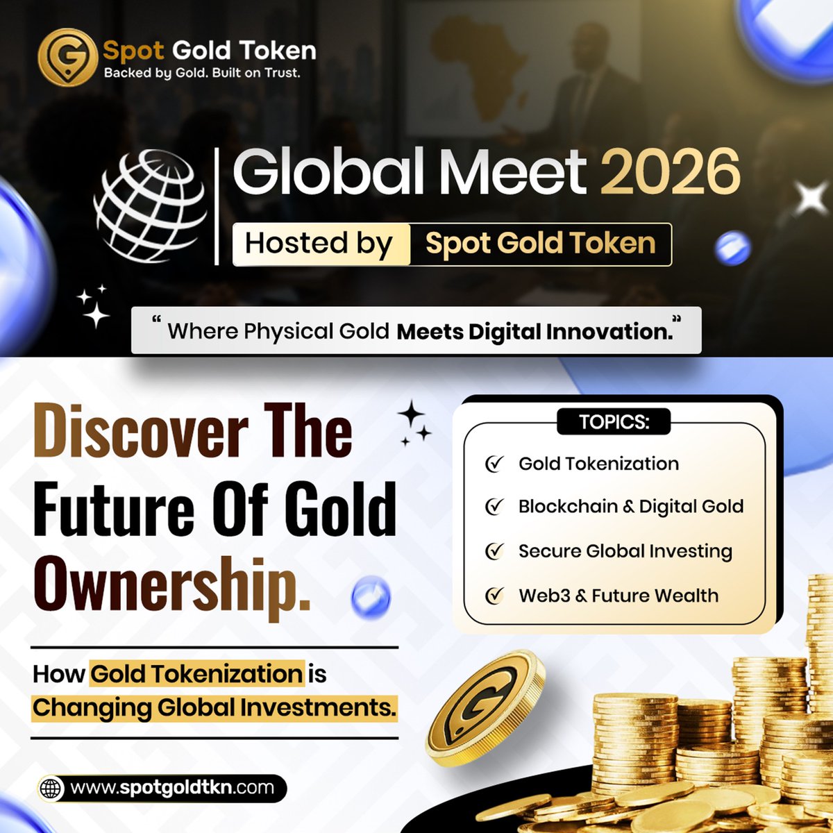 spotgoldtkn's tweet photo. 🌍 Spot Gold Token Global Meet 2026
🚀 Discover how gold tokenization is changing investments
📅 July 15 | ⏰ 05:30 AM (MT)
🔗 https://t.co/yg0mcXBzBX
#SpotGoldToken #GoldTokenization #Crypto #Blockchain #InvestSmart https://t.co/mhEMPo5TpL
