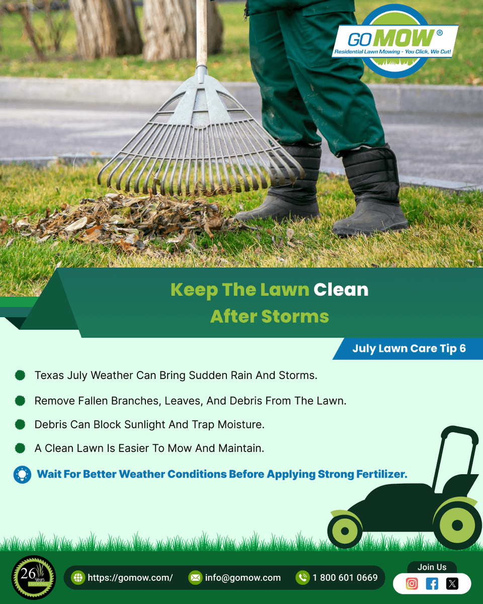 GoMowOfficial's tweet photo. July Lawn Care Tip 6: Keep the Lawn Clean After Storms
👉  Texas July weather can bring sudden rain and storms.
👉  Remove fallen branches, leaves, and debris from the lawn.
👉  Debris can block sunlight and trap moisture.
https://t.co/zg5Z3aVbYJ
#JulyLawnCare #GoMow #TexasLawn https://t.co/aQyx67IPQ5