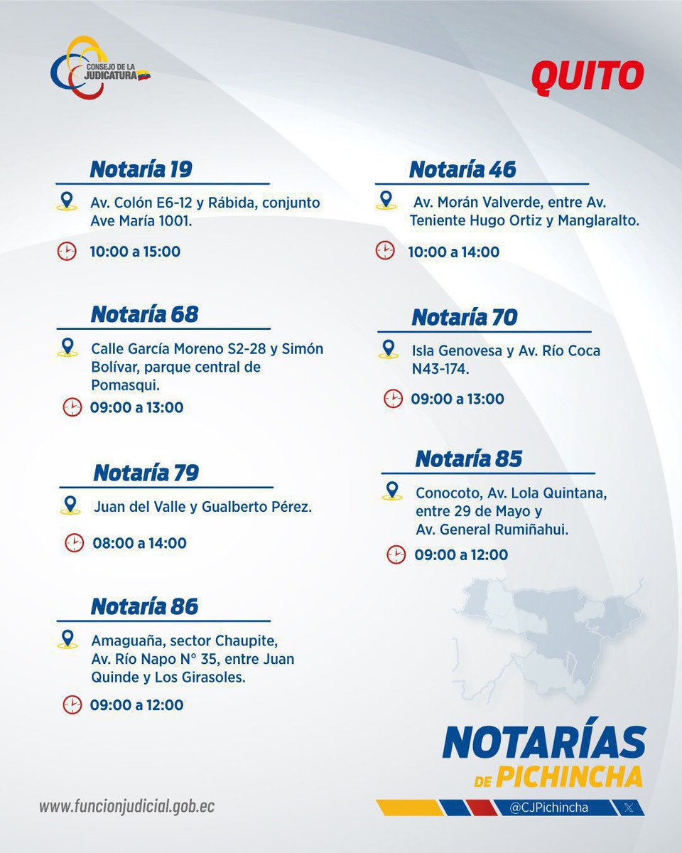CjPichincha's tweet photo. 📍Consulta los horarios y ubicaciones de las notarías que ofrecerán sus servicios este sábado en #Quito, #PedroMoncayo, #Cayambe y #Rumiñahui.

#JusticiaConIndenpendenciaCJ https://t.co/vUOoWVJVfh
