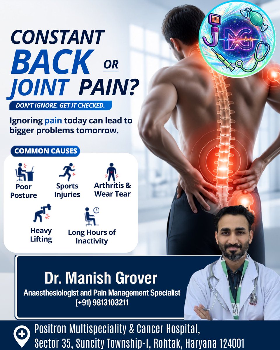 DrManishGrover's tweet photo. Constant Back or Joint Pain? Don’t Ignore It—Get It Checked!
-
🩺 Consult our expert Dr. Manish Grover Pain Management Specialist
.
📞 (+91) 9813103211
.
#DrManishGrover #PositronHospital #BackPain #JointPain #PainManagement #ChronicPain #LowerBackPain #NeckPain #Arthritis #Spine https://t.co/4jmix1X2In