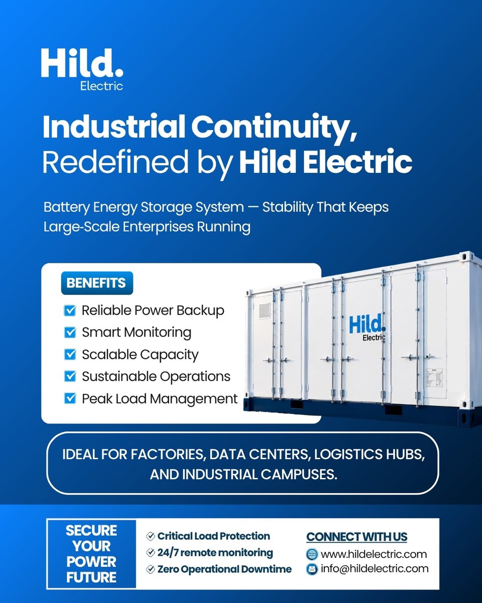 Hild_Electric's tweet photo. Power interruptions cost more than downtime.

Hild Electric's BESS helps optimize energy use, reduce peak demand, and keep operations running.

Learn more: https://t.co/DIpCum6aJS

#HildElectric #BESS #EnergyStorage https://t.co/dhJFwQSGyZ