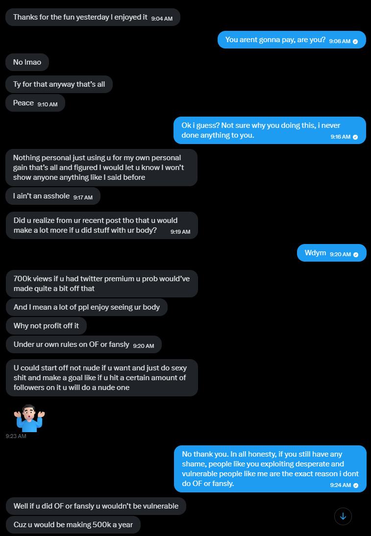 Jeanne_Hamada's tweet photo. I rarely talk about things this long but i want to tell you guys something that happened earlier this week:

TL;DR i got exploited and scammed by shameless people. I need help to stay afloat and not get evicted.

As a vtuber and cosplayer that do these as hobbies, i make no money aside from donations and adsense so i have no actual income unless people watched my vtubing streams or donating to my Ko-Fi. I barely make even and sometimes have to borrow money from friends to make ends meet. In all that, i still refuse to sell my body for money because i feel awful doing that.

I don't do erotic picture or selling anything like that on Onlyfans or Fansly, but recently i got coaxed and reeled into doing one because i'm in-debt and need money as i only have 2 weeks away from rent and my parents got into an accident that i had to sacrifice my rent money to pay the bills. 

Out of the blue, i received this email from a stranger who came over and offered to help me with it if i take erotic pictures for them to "wank" themselves off. With much struggle, I reluctantly accepted it because i'm running out of options and is exhausted after watching my dad lay down on the hospital bed all night. I thought for once, i don't have to worry about going under and only having plain bread to eat 3 times a day to survive.

I kept rejecting his offer at first but finally gone through with it after he kept guilting me to do it for an hour (i still refuse to do nudes, though) and said that he will pay the debt for me if i just be a "good girl and do like he said". He, of course, didn't keep his end of the deal and ran off after getting his wank session done and sarcastically call me an idiot for falling for it.

Before i blocked them, they kept sending me messages to try to basically "groom" me to do OF and Fansly because i can take advantage of having a "good body that people like" to gain money and followers. I rejected that idea because i genuinely feel horrible to do it and and thought of my friends and community who know me as someone who is better than this.

This person and many other examples like him basically exploited me and maybe many others who are vulnurable for their own personal benefits (even admitted it) when the people they exploited are hopeless and desperate because life keep pushing them down, and i hope there will be another layer of hell waiting for these horrible people.

I'm still currently struggling with money and i genuinely need help with getting my life sorted so if you guys have it in your heart to help me, please check my Ko-Fi. I will put it in the description below but even so, i learnt a new lesson from this person and for myself to never compromise, even during desperate times like this because i have people who looked up to me.