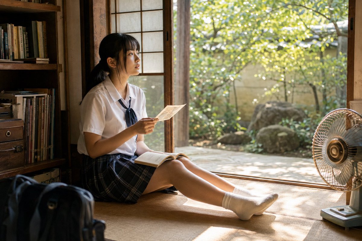 SeifukuL0ve2's tweet photo. A summer afternoon, quietly slipping into memory.
The book stayed open, the fan kept turning, and for a moment, time seemed to stop.
Prompt in comments.
#PromptShare #PromptInComments #プロンプト共有 #AIart #AIPhotography #JapaneseSummer #SummerMemory #青春 #夏日 #夏の思い出 #ノスタルジー #JK #Seifuku #JapaneseSchoolGirl #AI美女