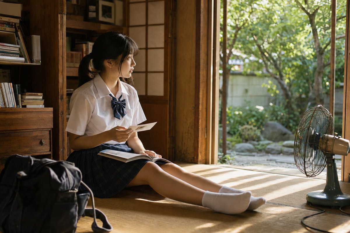 SeifukuL0ve2's tweet photo. A summer afternoon, quietly slipping into memory.
The book stayed open, the fan kept turning, and for a moment, time seemed to stop.
Prompt in comments.
#PromptShare #PromptInComments #プロンプト共有 #AIart #AIPhotography #JapaneseSummer #SummerMemory #青春 #夏日 #夏の思い出 #ノスタルジー #JK #Seifuku #JapaneseSchoolGirl #AI美女
