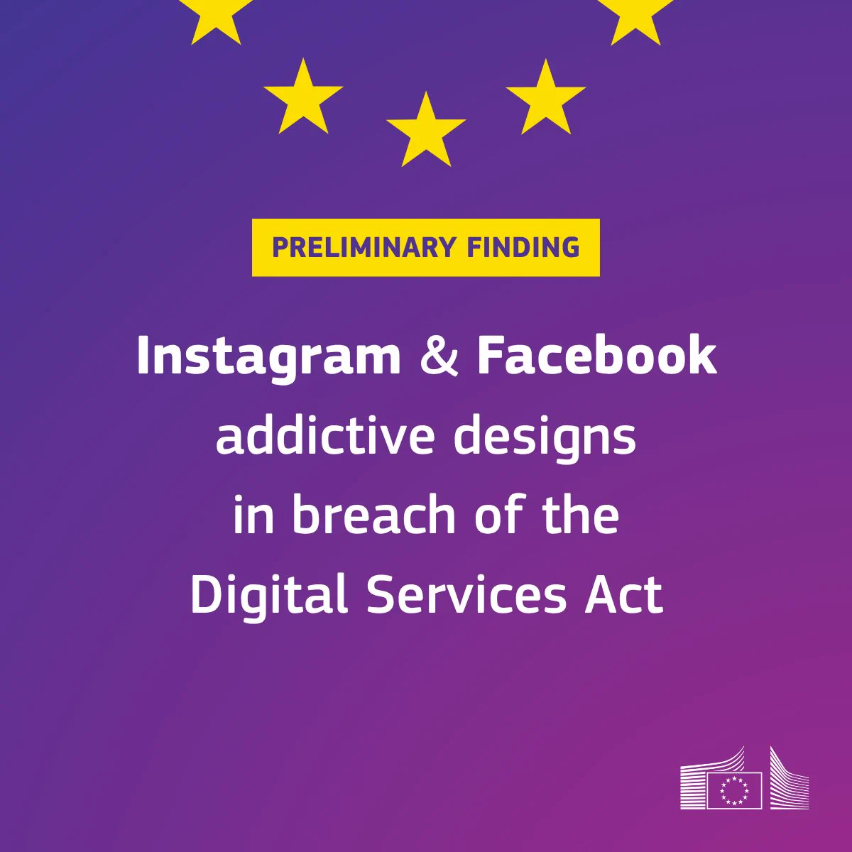 Square graphic with a purple gradient background and several yellow five-pointed stars near the top. A yellow banner reads “PRELIMINARY FINDING.” Below, large white text states: “Instagram & Facebook addictive designs in breach of the Digital Services Act.” The European Commission logo appears in the bottom-right corner.