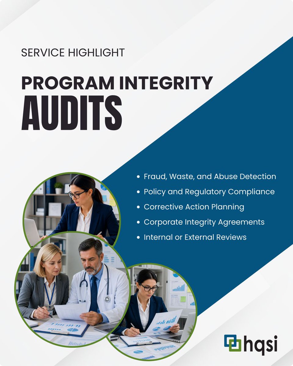 HQSICorp's tweet photo. HQSI's Program Integrity Audits help organizations identify compliance risks, detect fraud, waste, and abuse, and promote accountability through objective, evidence-based reviews. #HQSI #Healthcare #MedicalReview #Compliance #ProgramIntegrity https://t.co/aobLG7JWFD