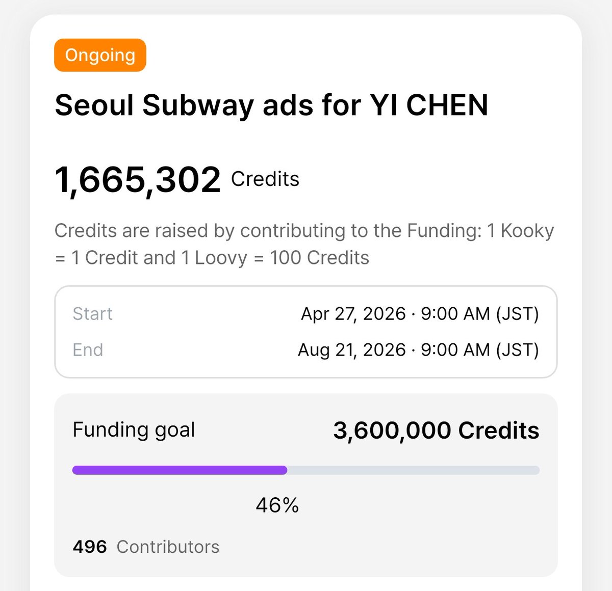 Yichen_spjp's tweet photo. 🚨Kooky Funding 

イチェンの誕生日に向けた地下鉄広告寄付企画の現在の達成状況は、締切を来月に控えて現在まだ46%です！😭
毎日少しずつでもいいので、皆さまぜひ投票をお願いします！

📅 〜8/21　AM9時
🔗https://t.co/KG8r22G3Zj

#YICHEN #이첸 #亦辰 #イチェン https://t.co/zRyrzzwyTC