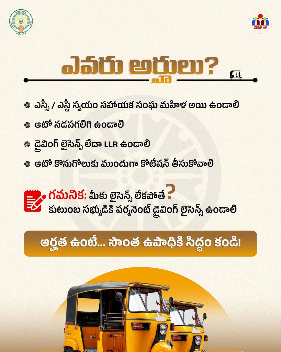 apserpofficial's tweet photo. 🛺 సొంత ఆటో... సొంత ఉపాధికి కొత్త దారి!
ఉన్నతి పథకం ద్వారా అర్హులైన స్వయం సహాయక సంఘాల కుటుంబాలకు కేవలం 10% వాటాతో, గరిష్టంగా ₹3 లక్షల వరకు ఆటో యూనిట్ పొందే అవకాశం!
#APSERP #Unnathi #AutoUnit #SelfEmployment #SHGWomen https://t.co/ZE5LyHzDBR