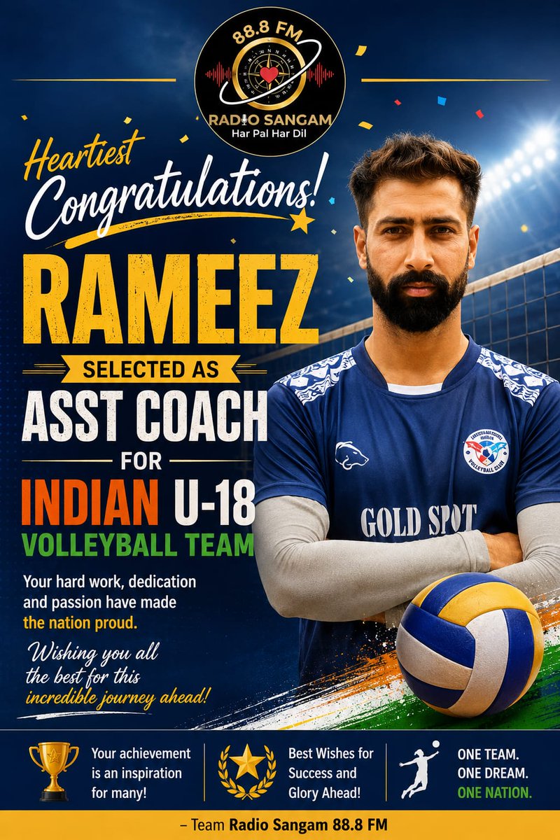 radiosangm's tweet photo. 📻 RADIO SANGAM NEWS BULLETIN
Pride of Poonch! 🇮🇳🏐
Rameez Tariq, a Physical Teacher in the Department of Youth Services &amp; Sports and a resident of Poonch, Jammu &amp; Kashmir, has been selected as the Assistant Coach of the Indian U-18 Boys Volleyball Team https://t.co/G2tkZVLjMY