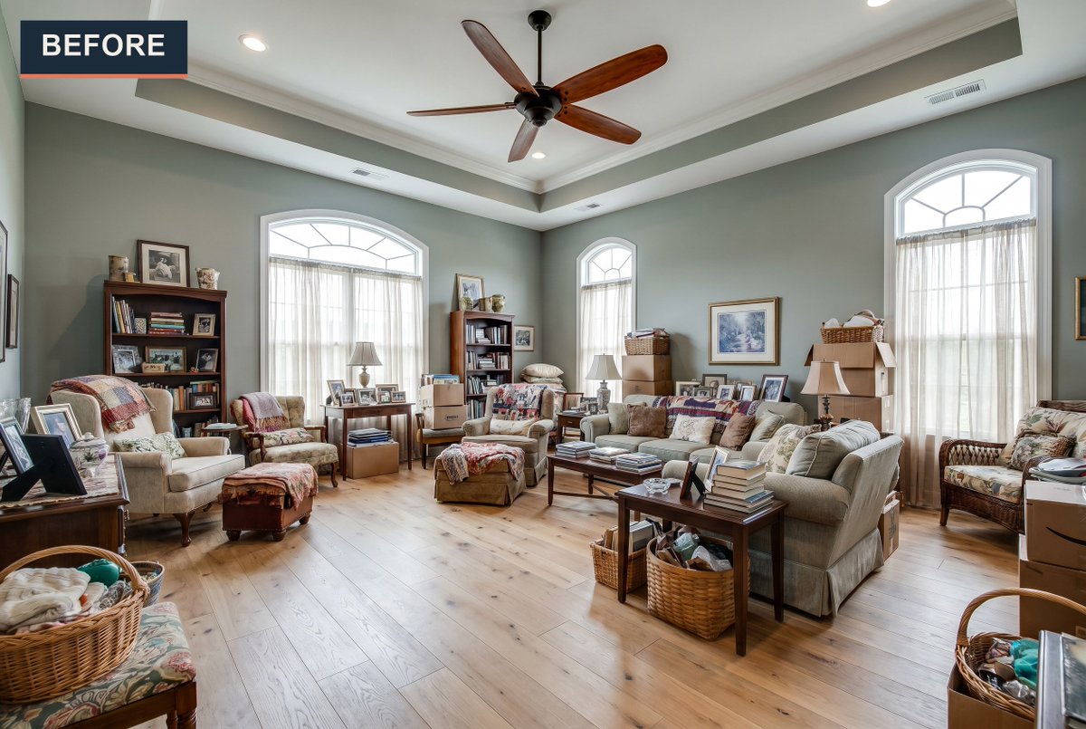 Staging_Studio's tweet photo. Stacked boxes, packed shelves, and a room full of life - cleared to reveal the real story. That tray ceiling, the arched windows flooding light across wide-plank hardwood, the sheer curtains. This room always had the bones. #RealEstatePhotography #RealEstateMarketing https://t.co/iLxYsIFsZO