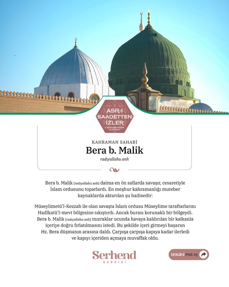 SerhendDergisi's tweet photo. “Saçı başı dağınık olduğu, eski elbiseler giydiği için kendisine önem verilmeyen öyle kimseler vardır ki ‘Şöyle olsun’ diye dua etseler Allah isteklerini geri çevirmez. Bera b. Malik de bunlardandır.” (Tirmizî, Menâkıb, 55)
 
#SerhendDergisi https://t.co/BYloQqCApe
