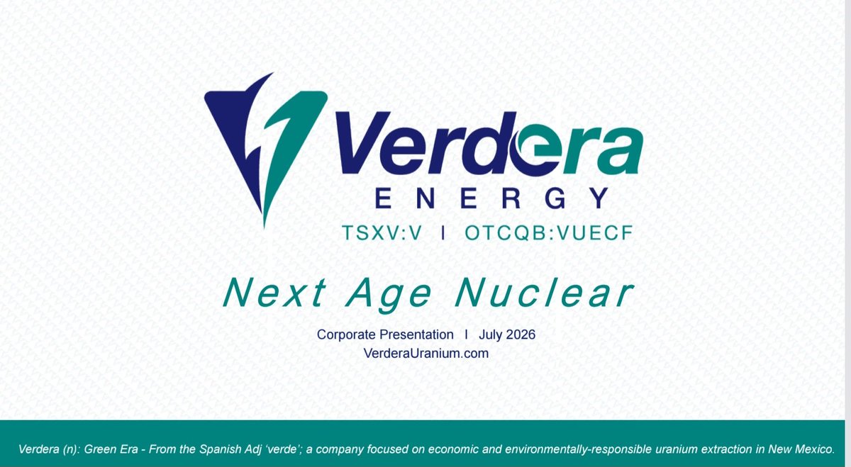Verdera_energy's tweet photo. $V.V $VUECF #uranium
Have you checked out our latest Corporate Presentation?

Learn more about Verdera Energy’s strategy to advance our U.S. uranium portfolio in New Mexico as we work to support the growing demand for secure, domestic nuclear fuel.

View our July 2026 Corporate Presentation⬇️
https://t.co/Nbzj6Xu4au