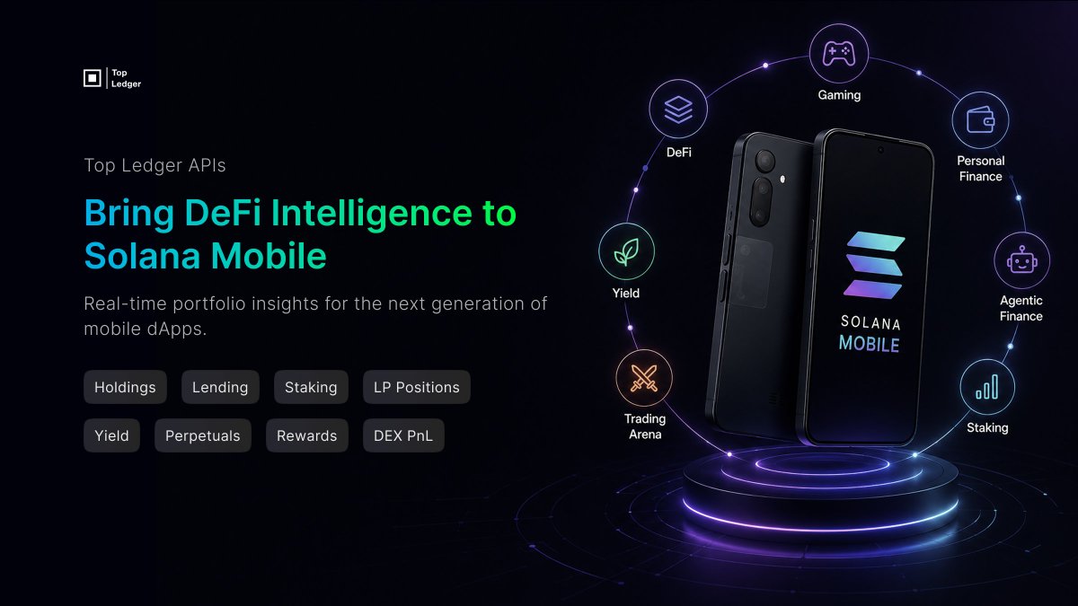 ledger_top's tweet photo. @solanamobile dApps are redefining the mobile crypto experience.
But most dapps only show what's in their users wallet — not where they're lending, farming, or what LP positions they're sitting on.

Top Ledger APIs bring the full DeFi intelligence layer to your dApp — holdings, lending, staking, LPs, yield, perps & DEX PnL across 20+ protocols in one API call.