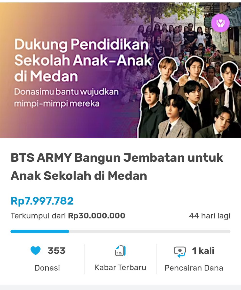 BtsarmyPeduli's tweet photo. ARMY Indonesia 🇮🇩
Terimakasih

Rayakan #ARMYDAY, kami telah membeli perlengkapan sekolah untuk 2 titik di bantaran Sungai Deli. Renovasi ruang belajar pertama juga masih berjalan. Yuk ikut #ARMYMengajar 💜

Project ARMYDAY
https://t.co/sCON2LOkKK

#BTS #BTS_ARIRANG #BTSARMY https://t.co/afVIlcs4wg