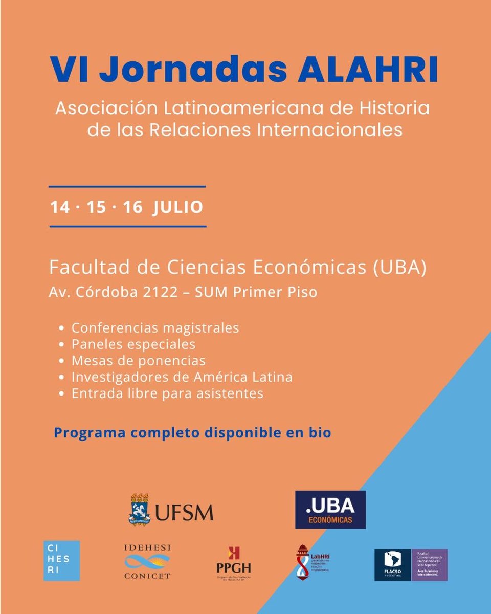 cihesri's tweet photo. VI jornadas ALAHRI
14, 15 y 16 de julio
Los esperamos!!!
Programa completo acá:
https://t.co/IMXKUW7t8q https://t.co/tMw2w7B8mR