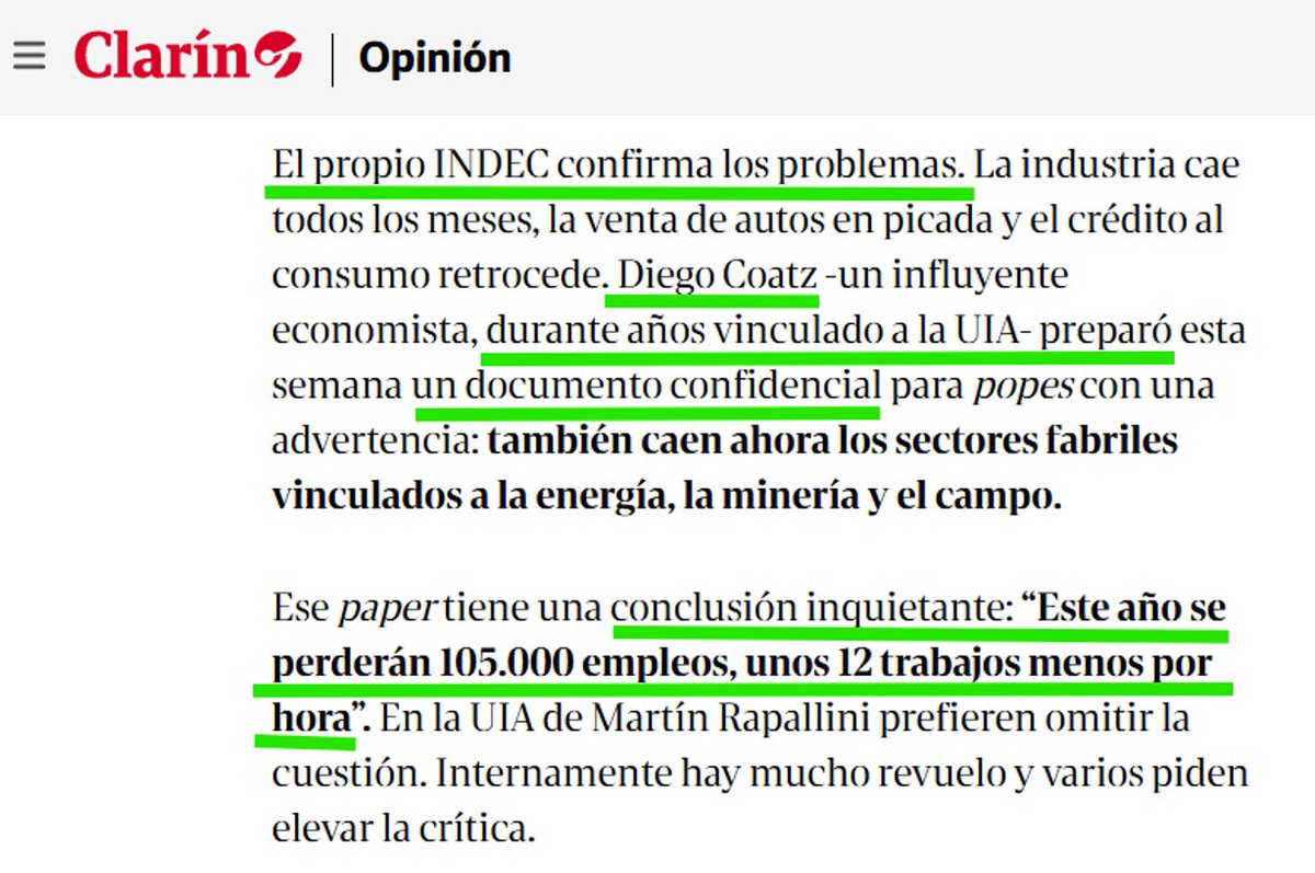 Shomepregunto's tweet photo. No lo decimos nosotros, no salió en Página/12.
Esto lo publicó Clarín con datos de la UIA y el INDEC. https://t.co/1J9CdaRR79