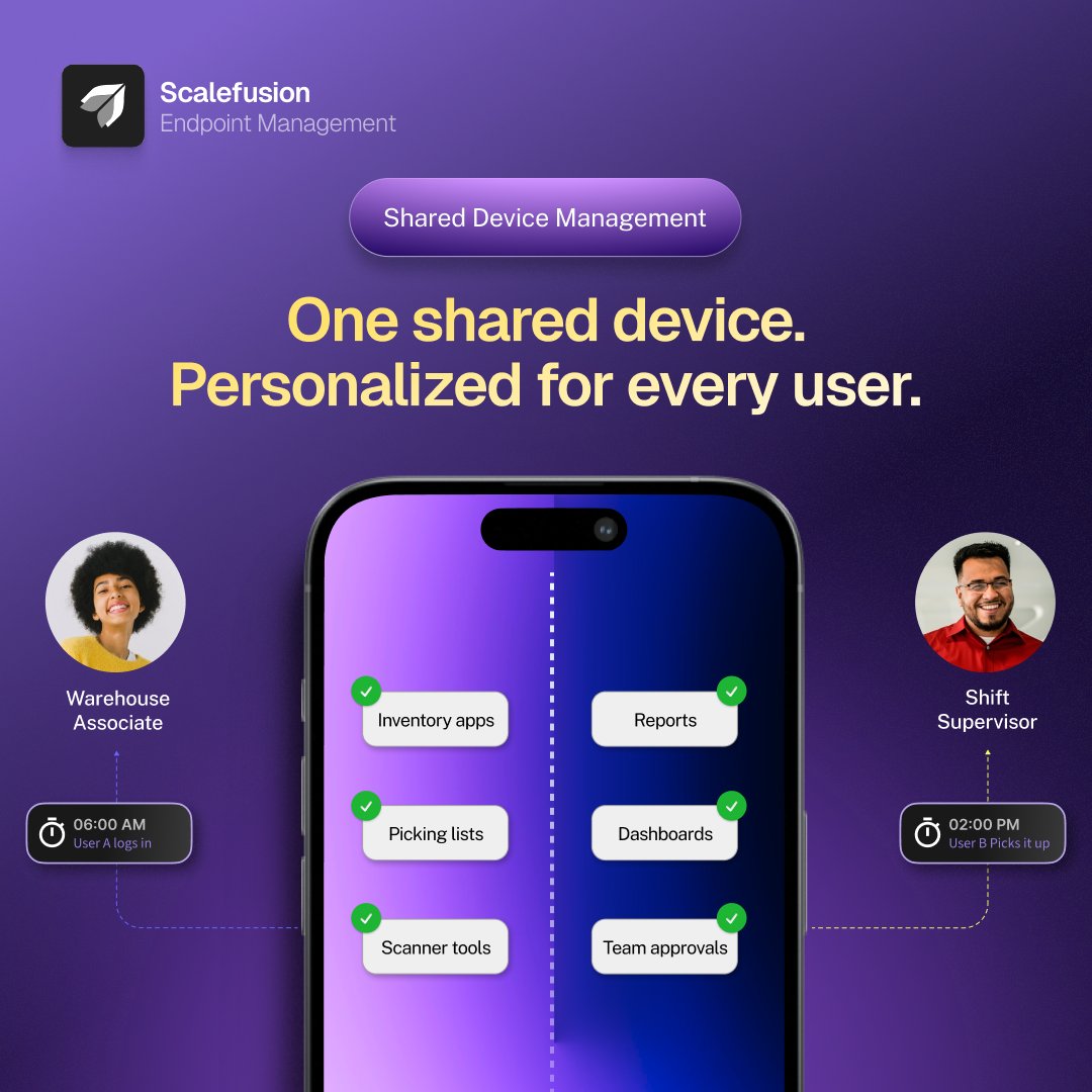 scalefusion's tweet photo. Different users.
Same device.
Different workspaces.

Every sign-in delivers the right apps, policies, and access while IT manages it all from one platform.

Learn more: https://t.co/tICoaYM441

#Scalefusion #MDM #UEM https://t.co/gUnStS9e2R