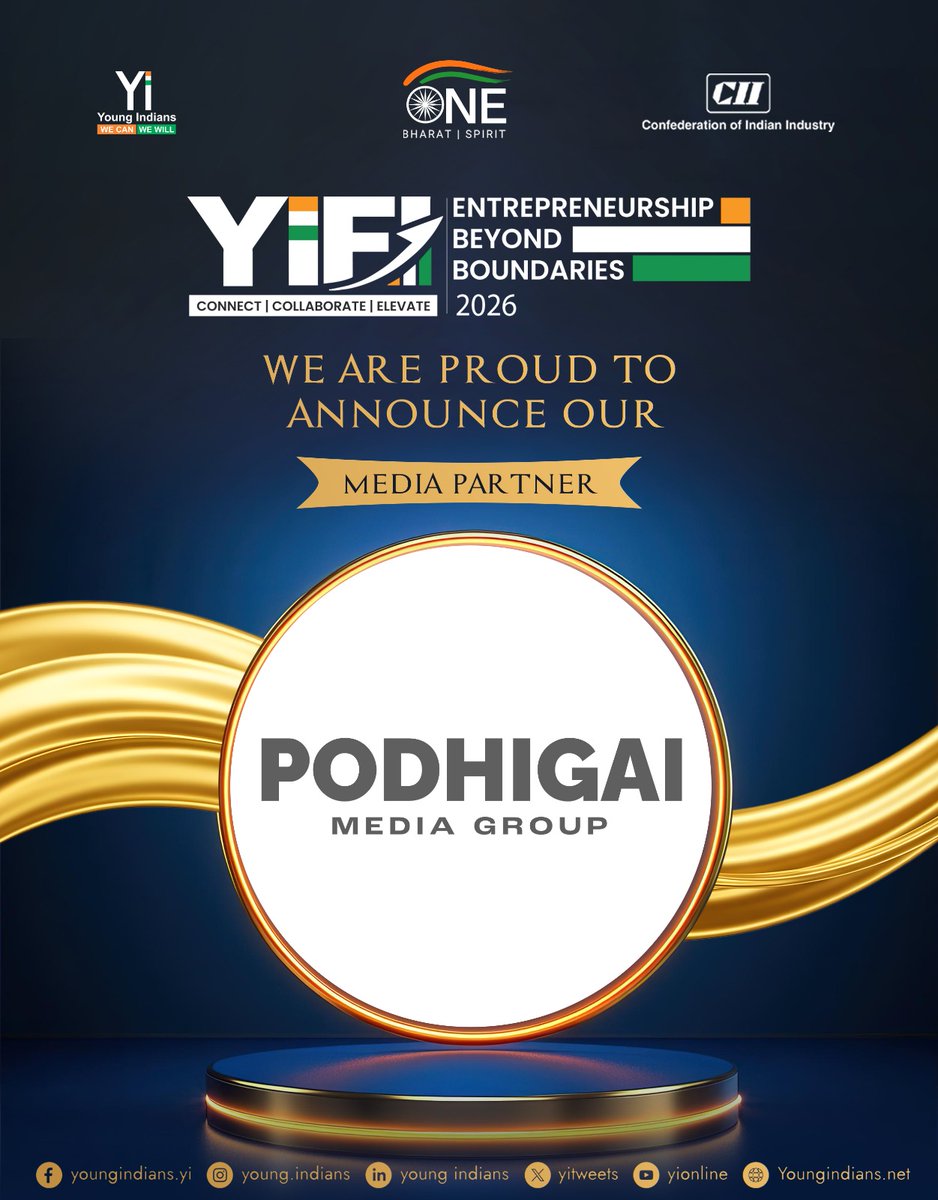 YiTweets's tweet photo. Welcoming Our Media Partner – Podhigai Media Group.

We are delighted to welcome Podhigai Media Group as the Official Media Partner for YIFI 2026 – Entrepreneurship Beyond Boundaries.

With a strong legacy in regional journalism and a commitment to impactful storytelling, Podhigai Media Group has been instrumental in amplifying voices that inspire progress and innovation. Their extensive reach and trusted media presence will help bring the spirit, ideas, and entrepreneurial journeys of YIFI 2026 to audiences across Tamil Nadu and beyond.

Together, we look forward to celebrating entrepreneurship, fostering meaningful conversations, and inspiring the next generation of changemakers.

Welcome aboard, Podhigai Media Group!

#YIFI2026 #EntrepreneurshipBeyondBoundaries #MediaPartner #PodhigaiMediaGroup #YoungIndians #CII #Entrepreneurship #Innovation #ConnectCollaborateElevate #ONEBharatSpirit