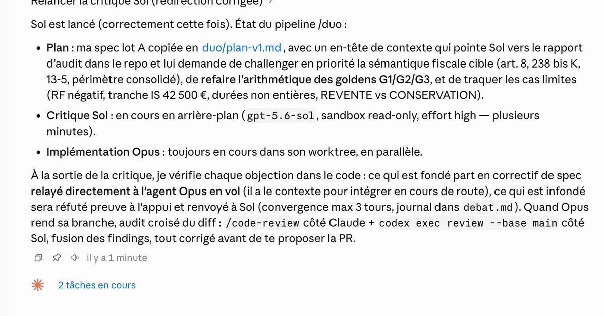 TrochetA's tweet photo. Créer un skill pour que Fable5 échange avec 5.6 Sol et relaye à Opus 4.8 pour l'implémentation. Vive la concurrence ! https://t.co/TTgPFlQZxI