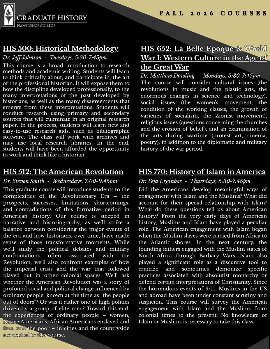 GradHistory_PC's tweet photo. Grad students, here are your Fall 2026 course offerings! Registration opens at 9am on Monday, July 20th on Cyberfriar. https://t.co/gVfucGrWf3