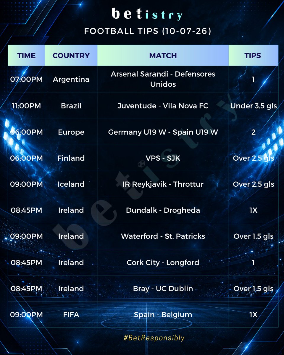 betistry's tweet photo. Football Tips 10-07-26. Let's go 🎉🎉💲💲💲💲💲🎉🎉
#sportsbettingpicks #bettingtips #melbet https://t.co/9s5hU37r2I