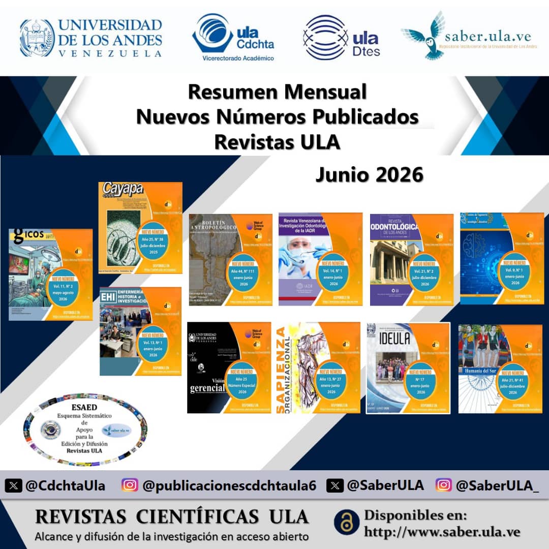 SaberULA's tweet photo. Resumen Mensual Nuevos Números Publicados Revistas ULA. Junio 2026 @ULA_DTES @PrensaULA @rectoradoula @CdchtaUla @CDCHTA @revistasve https://t.co/AmBq3KzA1D