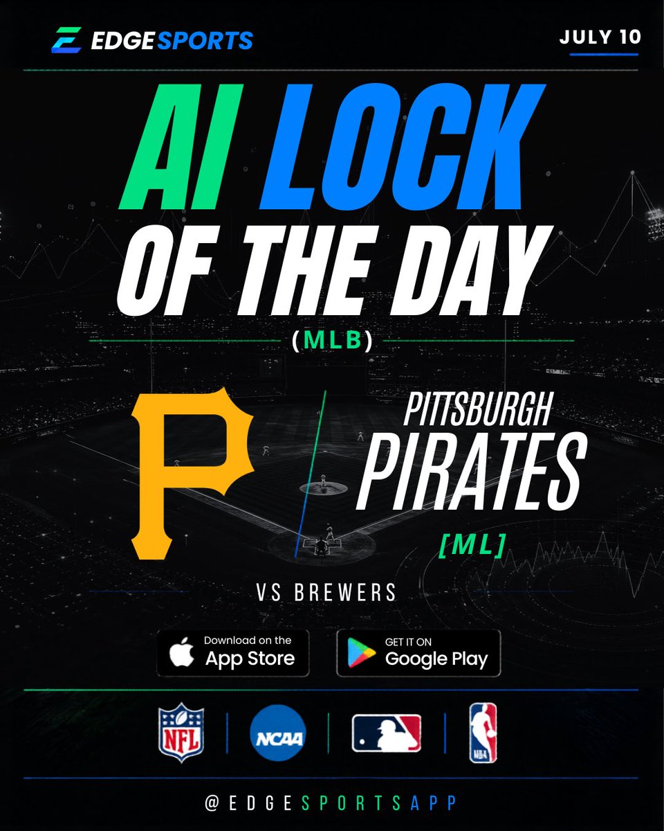 EdgeSportsApp's tweet photo. Our AI Lock of the Day! π
Link in bio to download our FREE app for more! π€π€
#lockoftheday #aipicks #mlb #baseball #pirates #edgesports https://t.co/6hFGNx58GA