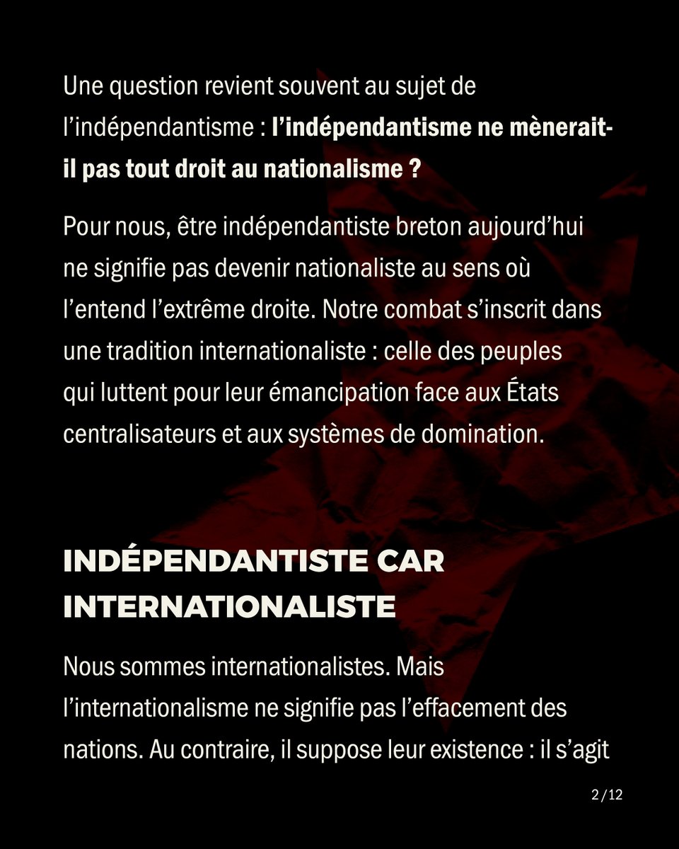 Dispach_bzh's tweet photo. Une question revient souvent au sujet de l’indépendantisme : l’indépendantisme ne mènerait-il pas tout droit au nationalisme ?

Pour  nous, être indépendantiste breton aujourd’hui ne signifie pas devenir  nationaliste au sens où l’entend l’extrême droite. Notre combat  s’inscrit https://t.co/NJpWure1ID