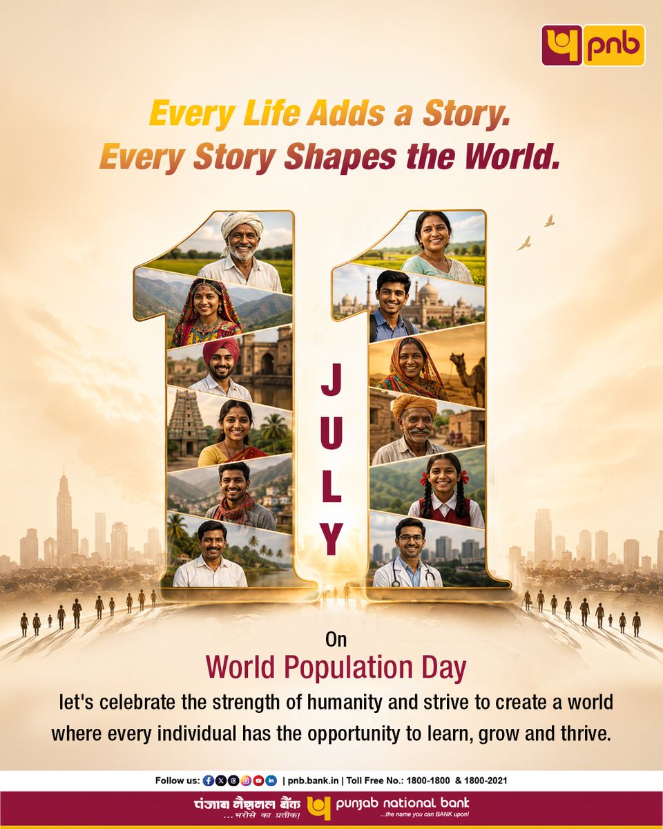 pnbindia's tweet photo. Every face tells a story. Every story inspires progress.
On this World Population Day, let's celebrate the diversity, resilience, and aspirations that shape our nation and its future.
Here's to empowering every journey.
#PNB #Banking #WorldPopulationDay #GrowingTogether #EmpoweringIndia
