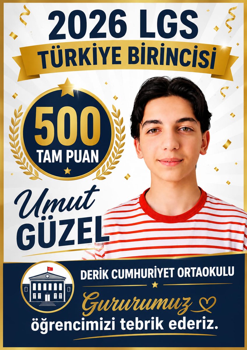 aselamdemir47's tweet photo. Mardin’de Tarihî Başarı: LGS’de 3 Türkiye Birincisi!

​2026 LGS (Liselere Geçiş Sistemi) sonuçlarının açıklanmasıyla birlikte, Mardin’imiz büyük bir gurur ve mutluluk tablosuna imza attı. Sınav sonuçlarına göre, şehrimizden üç öğrencimiz tüm soruları doğru yanıtlayarak 500 tam puanla Türkiye birincisi olmuştur.

​Bu büyük başarıyı şehrimize getiren gurur kaynaklarımız:

​Umut GÜZEL – Derik Cumhuriyet Ortaokulu

​Sinan Yusuf KAYAALP – Kızıltepe Mehmet Akif İnan Ortaokulu

​Mehmet Efe ASLANHAN – Artuklu Hacıye Suphiye Bölünmez İmam Hatip Ortaokulu

​"Mardin, eğitim sıralamasında zirveye doğru yükselmeye ve adından başarıyla söz ettirmeye devam ediyor!"

​Bizlere bu büyük mutluluğu yaşatan başta azimli öğrencilerimiz olmak üzere; onları sevgi ve fedakarlıkla büyüten ailelerini, yol gösteren kıymetli öğretmenlerimizi, okul idarecilerimizi ve bu başarıda emeği geçen herkesi yürekten tebrik ederiz.

​Başarılarınız daim, yolunuz açık olsun!
@_aliyalcin_
@tuncay_akkoyun
@ali_eyyupkoca
@artukluilcemem
@derikmem47
@kiziltepemem47
#LGS2026