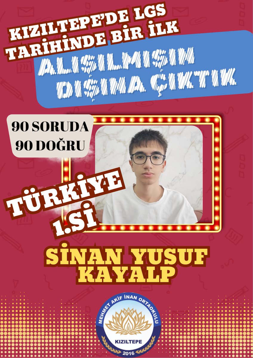 aselamdemir47's tweet photo. Mardin’de Tarihî Başarı: LGS’de 3 Türkiye Birincisi!

​2026 LGS (Liselere Geçiş Sistemi) sonuçlarının açıklanmasıyla birlikte, Mardin’imiz büyük bir gurur ve mutluluk tablosuna imza attı. Sınav sonuçlarına göre, şehrimizden üç öğrencimiz tüm soruları doğru yanıtlayarak 500 tam puanla Türkiye birincisi olmuştur.

​Bu büyük başarıyı şehrimize getiren gurur kaynaklarımız:

​Umut GÜZEL – Derik Cumhuriyet Ortaokulu

​Sinan Yusuf KAYAALP – Kızıltepe Mehmet Akif İnan Ortaokulu

​Mehmet Efe ASLANHAN – Artuklu Hacıye Suphiye Bölünmez İmam Hatip Ortaokulu

​"Mardin, eğitim sıralamasında zirveye doğru yükselmeye ve adından başarıyla söz ettirmeye devam ediyor!"

​Bizlere bu büyük mutluluğu yaşatan başta azimli öğrencilerimiz olmak üzere; onları sevgi ve fedakarlıkla büyüten ailelerini, yol gösteren kıymetli öğretmenlerimizi, okul idarecilerimizi ve bu başarıda emeği geçen herkesi yürekten tebrik ederiz.

​Başarılarınız daim, yolunuz açık olsun!
@_aliyalcin_
@tuncay_akkoyun
@ali_eyyupkoca
@artukluilcemem
@derikmem47
@kiziltepemem47
#LGS2026