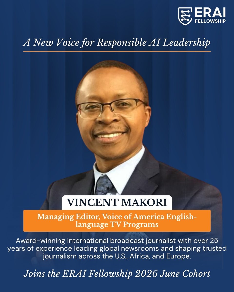 ERAI_2026's tweet photo. Welcome Vincent Makori, Managing Editor at Voice of America, to the ERAI Fellowship 2026. With 25+ years in global journalism, he brings trusted leadership to the future of responsible AI.

Join KNC for more- https://t.co/5rN98YEexI

#ERAIFellowship #ResponsibleAI #AILeadership #TrustedJournalism #GlobalMedia #ArtificialIntelligence #ResponsibleInnovation #KnowledgeNetworks #AICommunity