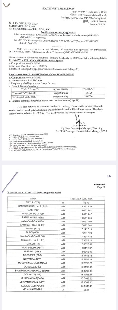 ChristinMP_'s tweet photo. South Western Railway will introduce six-day-a-week MEMU services between Yelahanka and Arsikere from July 14.

Train no. 66505 will leave Yelahanka at 6.45 am and reach Arsikere at 11 am, while Train No. 66506 will depart Arsikere at 2.10 pm and arrive at Yelahanka at 7.15 pm. An inaugural special from Tiptur to Yelahanka will run on July 13. The eight-coach service will improve connectivity for commuters via Yeswantpur, Tumakuru and Tiptur @SWRRLY @drmsbc