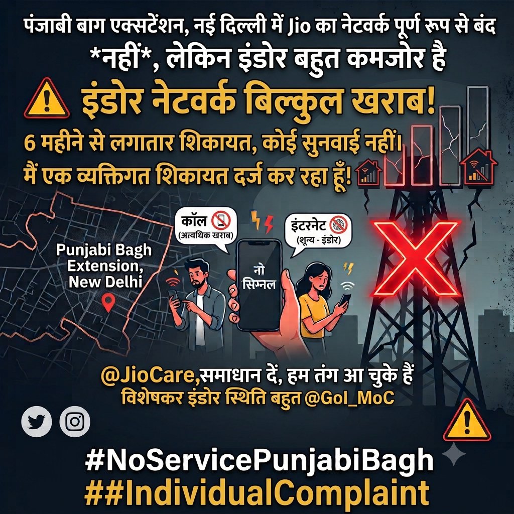 KAMALAR26821901's tweet photo. 6 months of terrible Jio network in Punjabi Bagh ExtensionDelhi. We have complained many times, but every time we are told "kaam chal raha hai, jaldi theek ho jayega" with no resolution. 4 Jio connections are affected. Please take urgent action. @JioCare @reliancejio @DoT_India https://t.co/Fh07oP7wkv