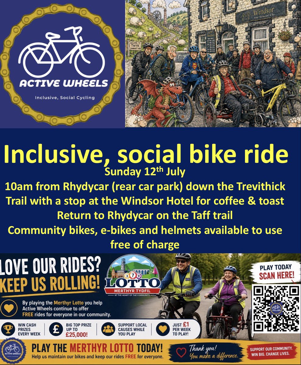 active_wheels's tweet photo. We’ve got 2 #social #inclusive bike rides this weekend. 

On Saturday we ride to Aberfan Community Centre. A flat route ideal for new or returning riders. On Sunday we’ ride on the Trevithick Trail to The Windsor back on the Taff Trail

bikes, e-bikes and  available and all free. https://t.co/Sk5DRCTLxu