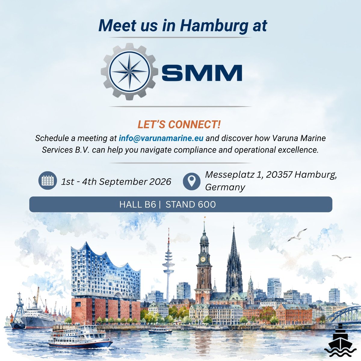 Varunamarine's tweet photo. ⚓ Meet us at #SMM2026!
📍 Hall B6 | Stand 600
📅 1–4 Sept 2026 | Hamburg
Let's talk EU ETS, FuelEU Maritime, MRV, IMO DCS, cybersecurity, and smarter compliance solutions.📩
info@varunamarine.eu
#Maritime #Shipping #Hamburg #FleetManagement https://t.co/egL4Ydu0BX