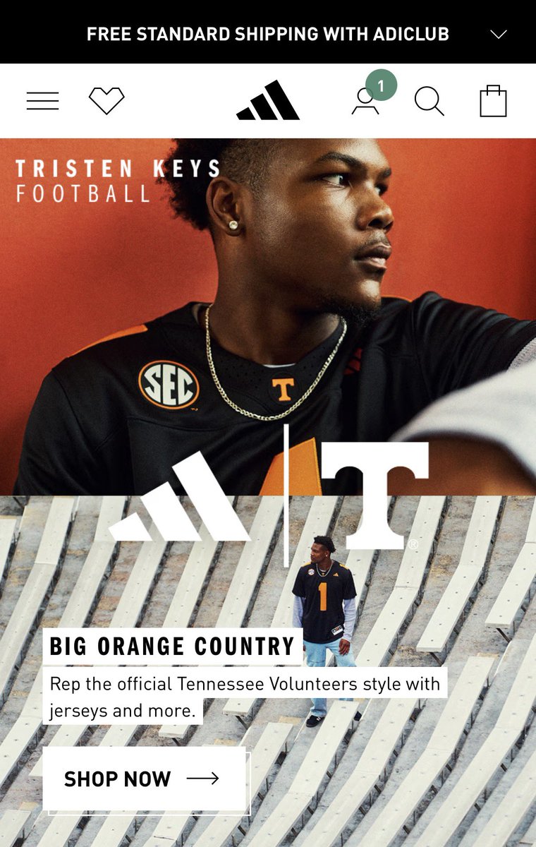 ByMikeWilson's tweet photo. The front page of the Adidas website again features Tennessee — and Tristen Keys — on launch day. 

It’s giving flagship. https://t.co/qesHxpNKA8